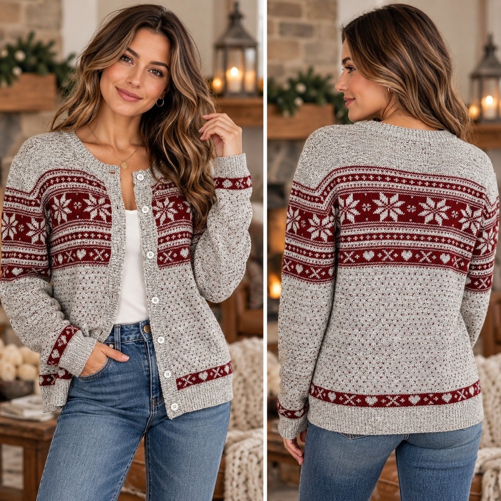 Fair Isle Button Up Cardigan Gray Burgundy Cottage Nordic Grandma Cozy Cottage M